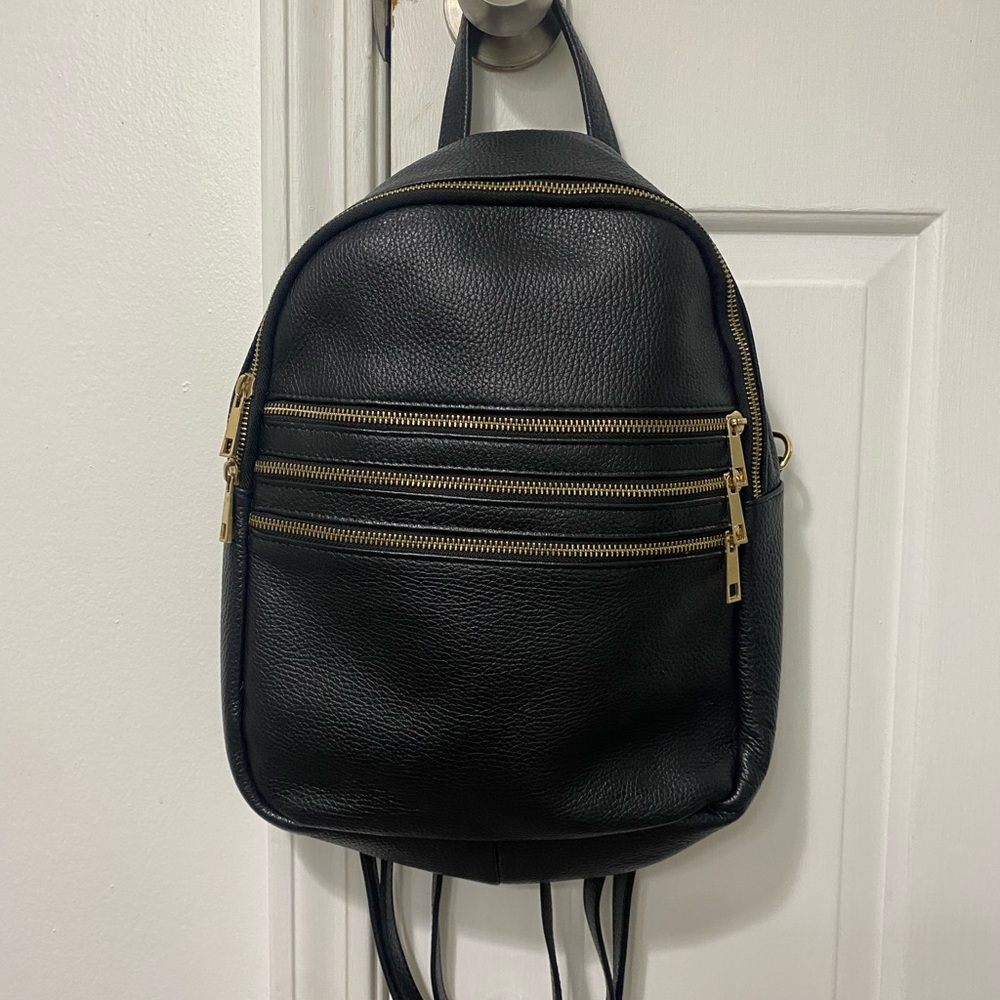 TANO Black Leather Backpack with Gold Accents